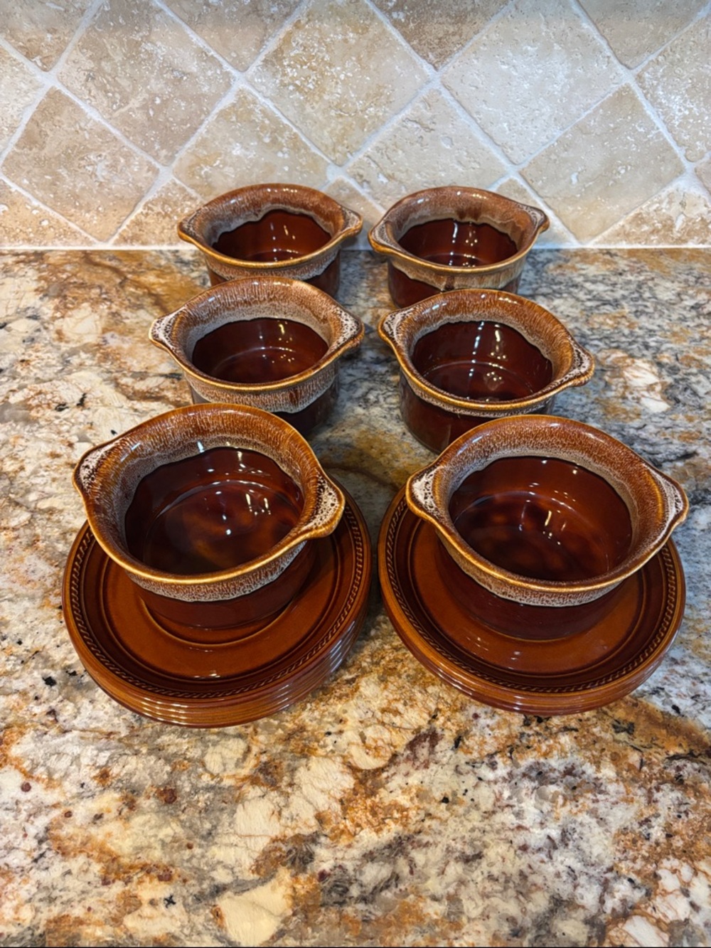 Vintage Kilncraft Glazed Ceramic Pots/Bowls and Saucers, England-Set of 6